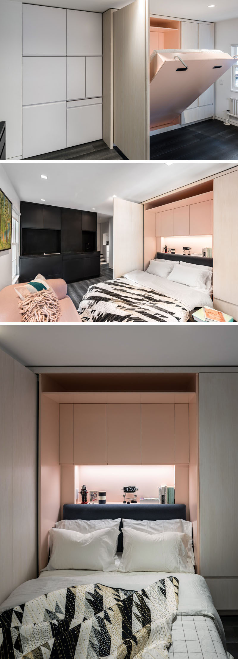 This micro apartment has a wall of cabinets, and within the wooden section is a bed. The bed folds down to reveal a headboard and even more storage space, as well as hidden lighting.