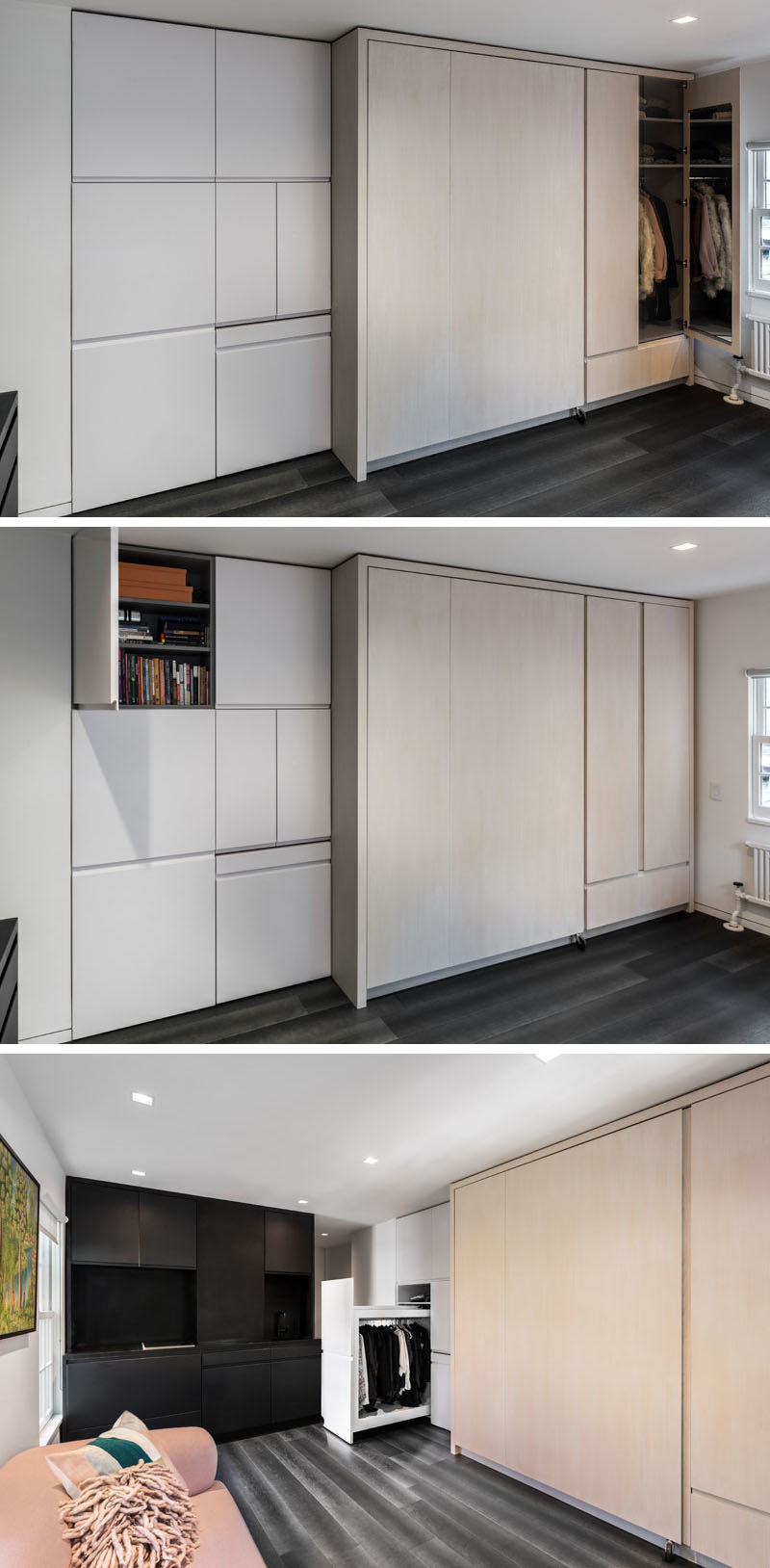 This micro apartment has a wall of cabinets with multiple closet and storage spaces. One closet has a mirrored door, there's a small area for storing books and other personal items, and below that is a second closet with a bar for hanging coats, shirts and pants.