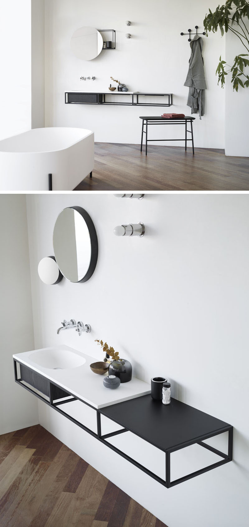 Norm Architects have designed a collection of modular minimalist bathroom consoles that feature black graphic frames, marble and wood.