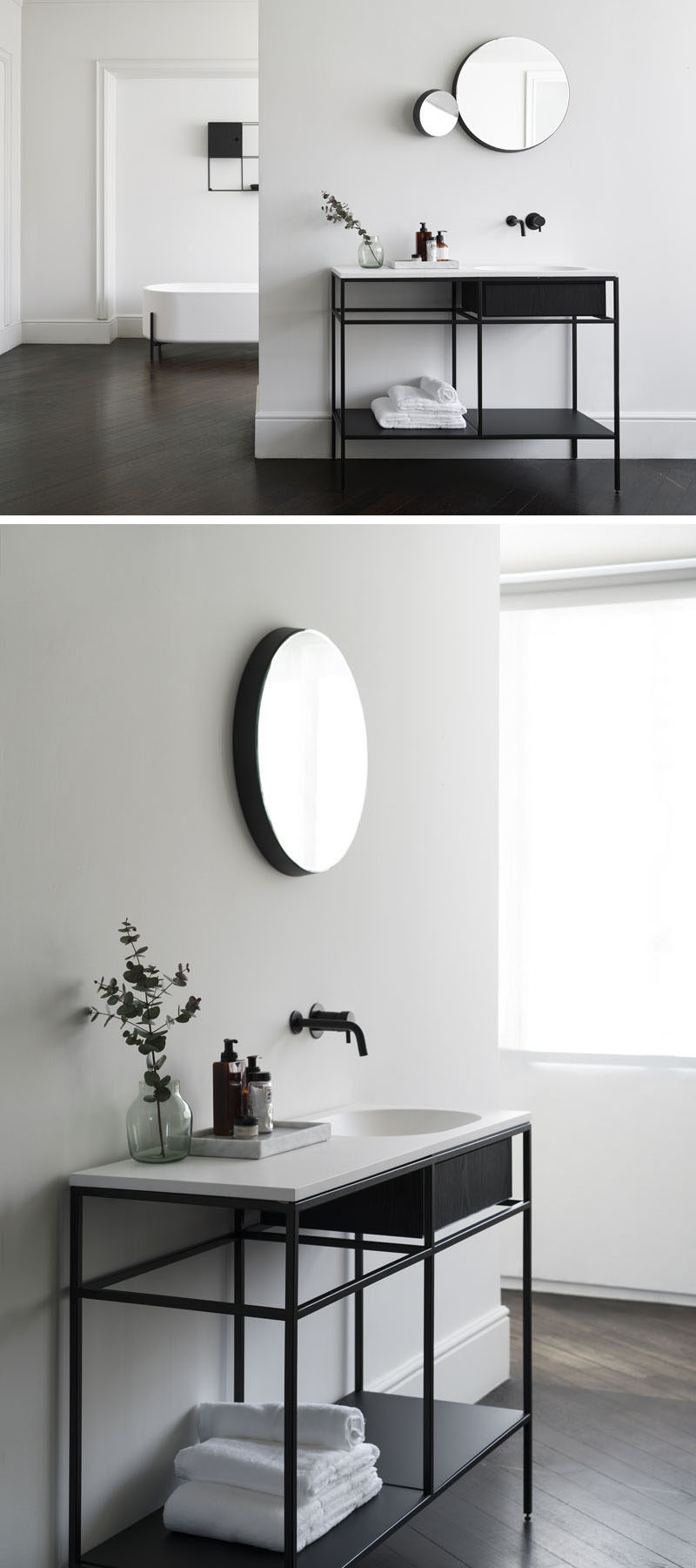 Norm Architects have designed a collection of modular minimalist bathroom consoles that feature black graphic frames, marble and wood.