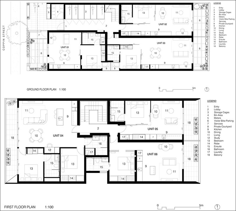 This is the floor plan for a modern apartment building that is home to six apartments.