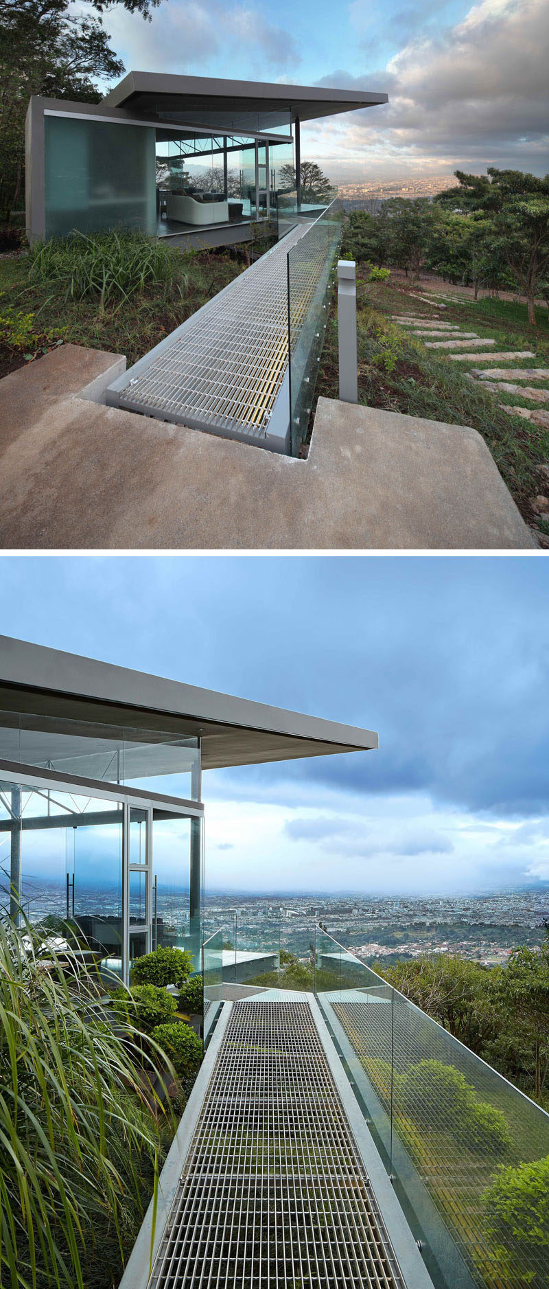 The entrance to this entertaining room is accessed by a raised steel path with a glass safety railing and at night the path is lit up.