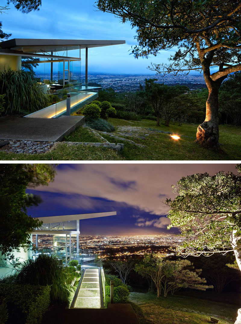 At night, the entrance path to an entertaining room and the large ficus tree are both illuminated.