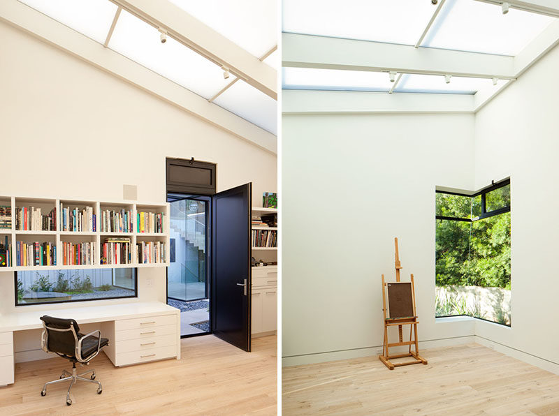 This modern house in Los Angeles has a separate space dedicated to being an art studio, with the roof made from frosted skylights so that plenty of natural light can fill the space.