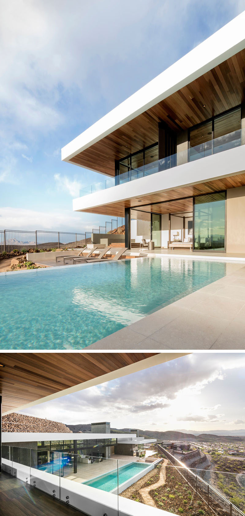 The backyard / pool area of this modern house has multiple spaces for lounging in the sun and enjoying the view.