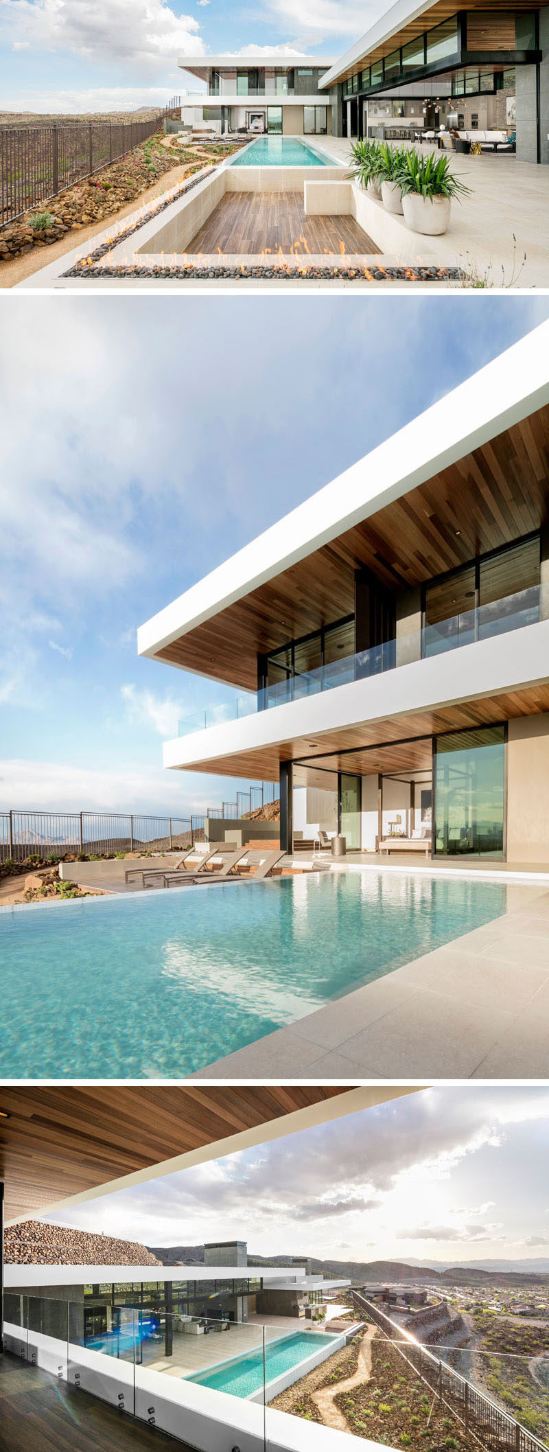This modern house has a large outdoor entertaining area next to the swimming pool, while a sunken area perfect for a few couches is surrounded by an outdoor fireplace.