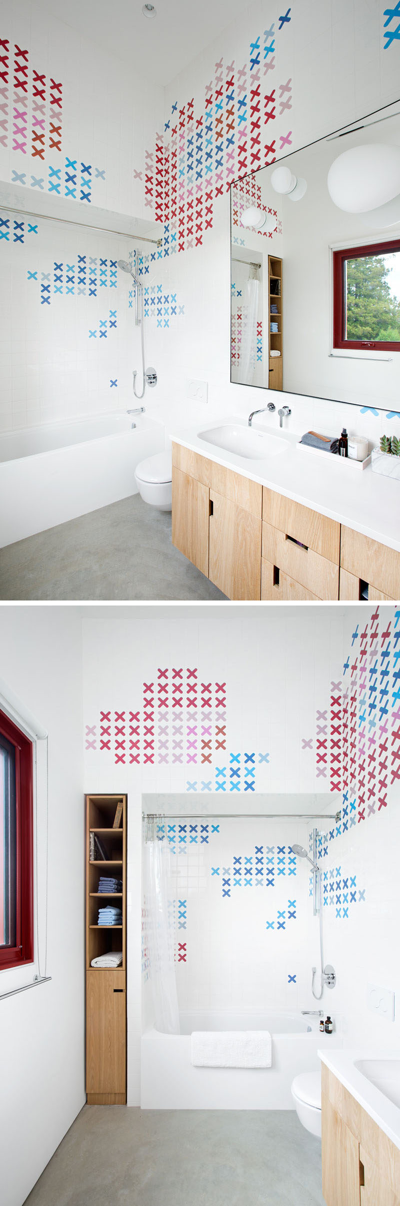 This modern bathroom is filled with colorful 'X' tiles that almost look like a cross-stitch embroidery pattern.