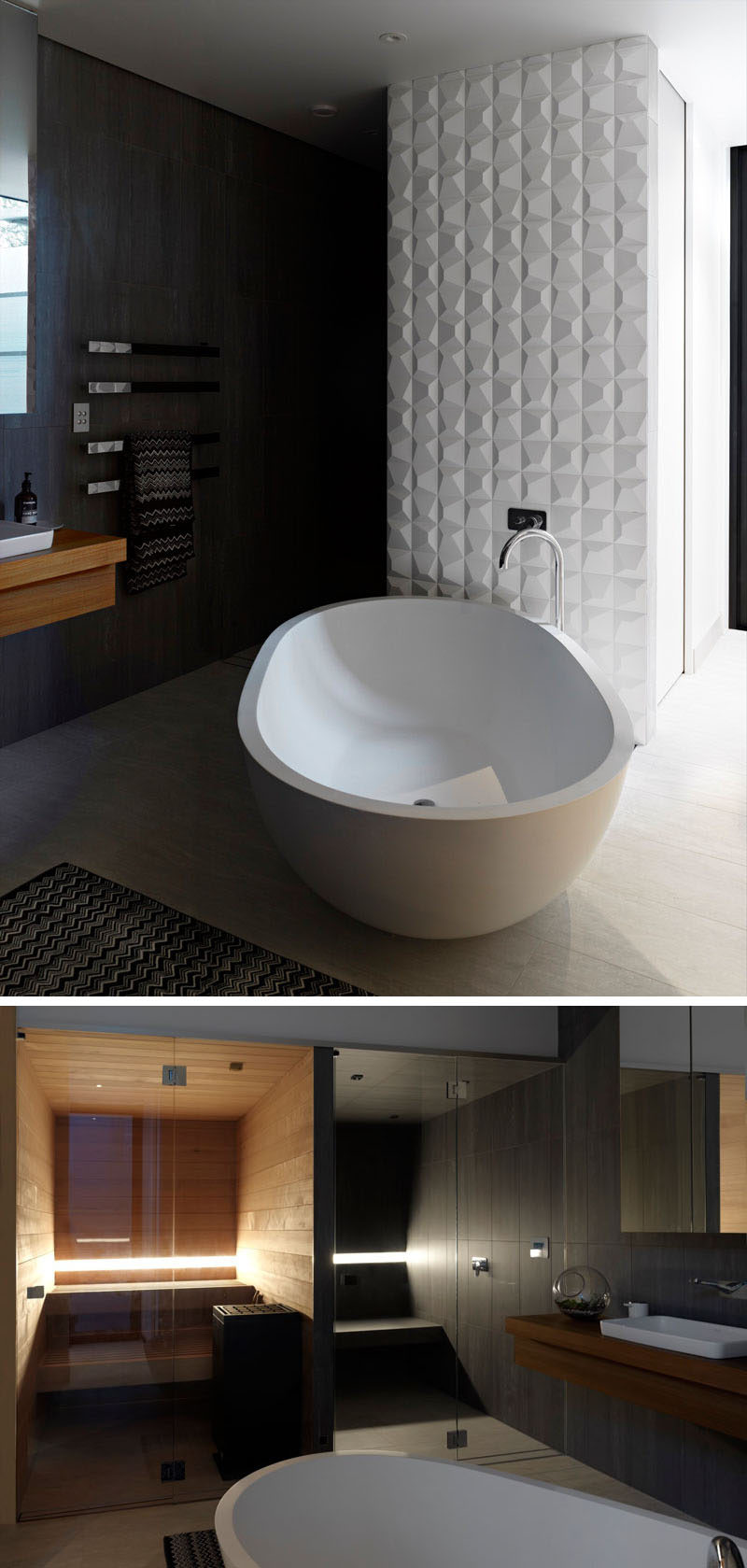 This modern bathroom features decorative 3-dimensional tile wall, a standalone bathtub, a shower with built-in seat and a sauna.