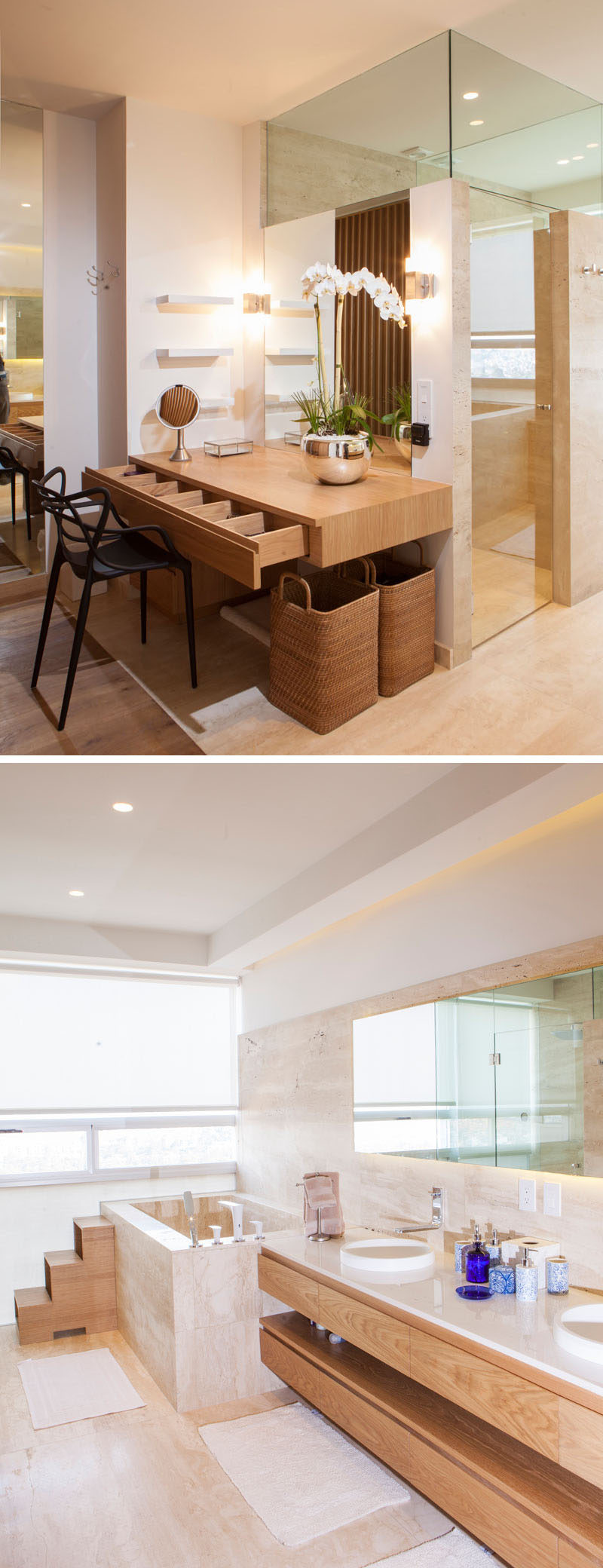 In this master bathroom, a custom floating vanity is the ideal spot for doing hair and makeup. Right next to the makeup vanity is the shower, with a stone and glass shower surround reaching all the way to the ceiling. On the opposite wall, there's a floating dual-sink vanity and a soaking tub that you have to step up in to.