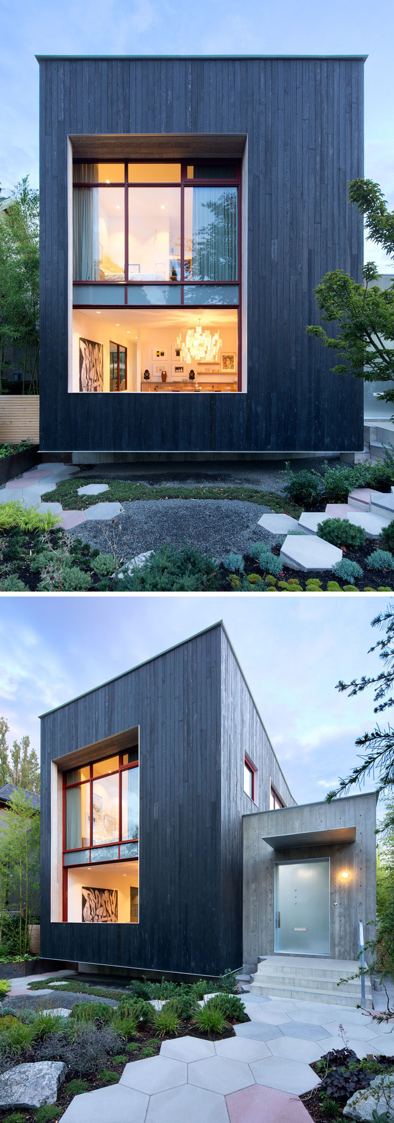 The exterior of this modern house is covered in carbonized cypress exterior cladding, giving it a bold and dark appearance, while hexagon stepping stones guide visitors to the front door.