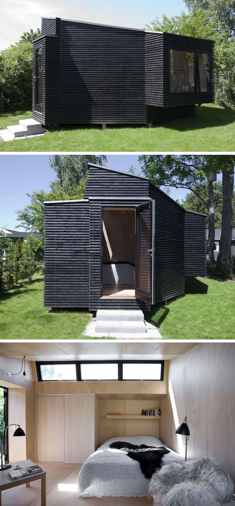 Clad in black timber, this backyard guest house is just the right size for a visiting friend or family member, and features a number of windows that help keep the tiny home naturally bright and ventilated, as well as some closet space for people who are staying a little bit longer.