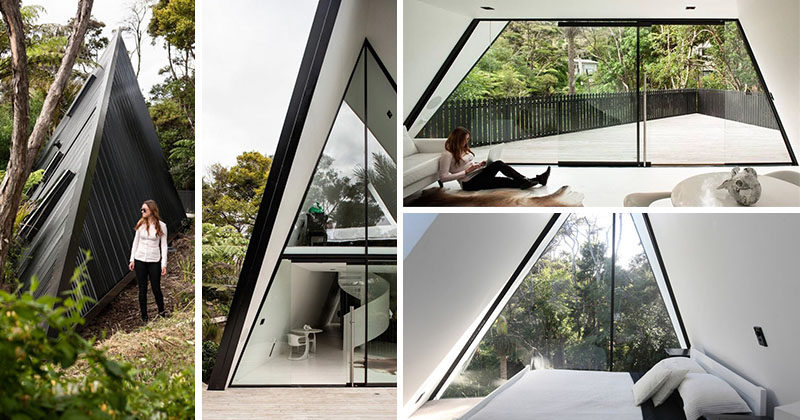 Architect Chris Tate has designed this simple tent-like cabin with a black exterior that's surrounded by trees and located on Waiheke Island, New Zealand.