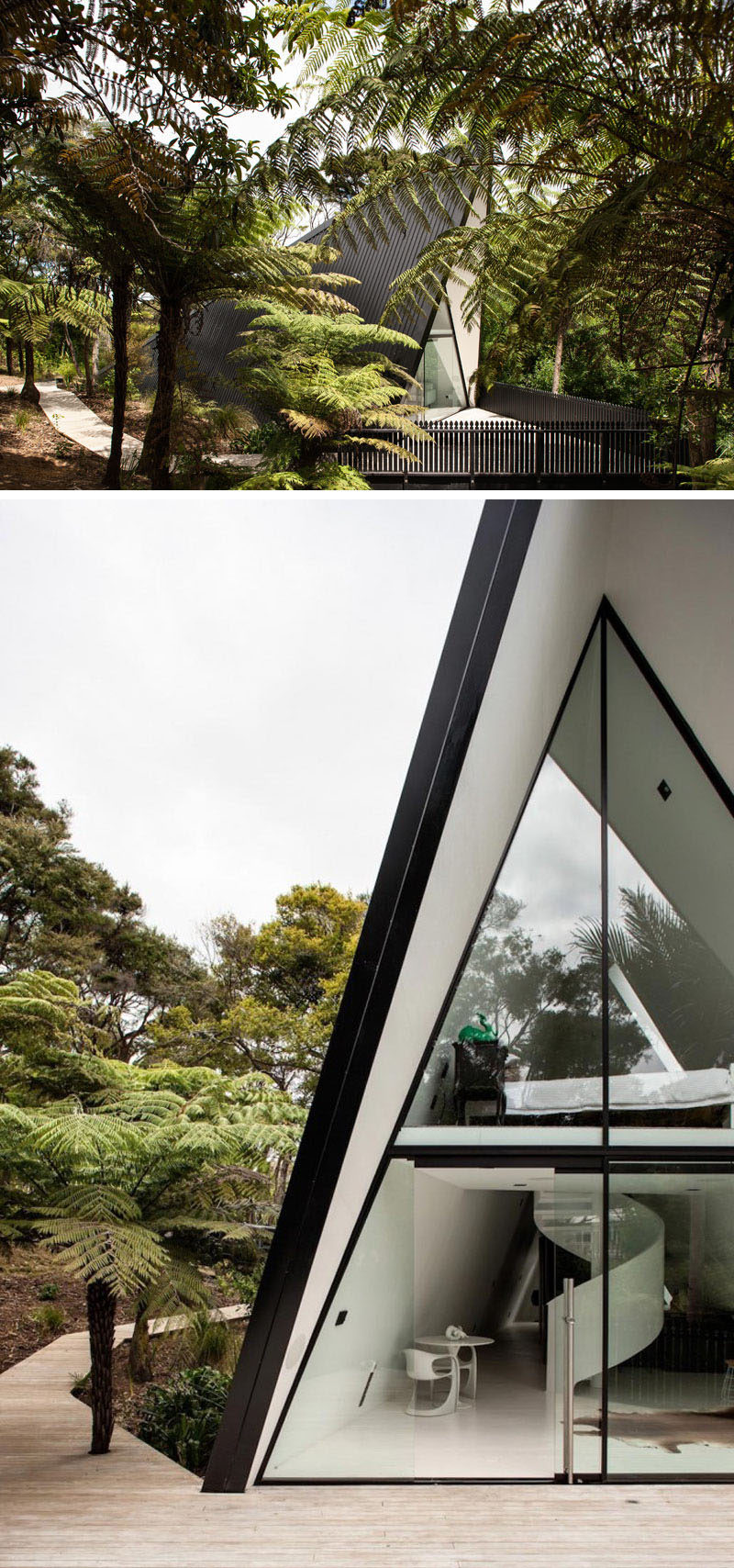 Architect Chris Tate has designed this simple tent-like cabin with a black exterior that's surrounded by trees and located on Waiheke Island, New Zealand.