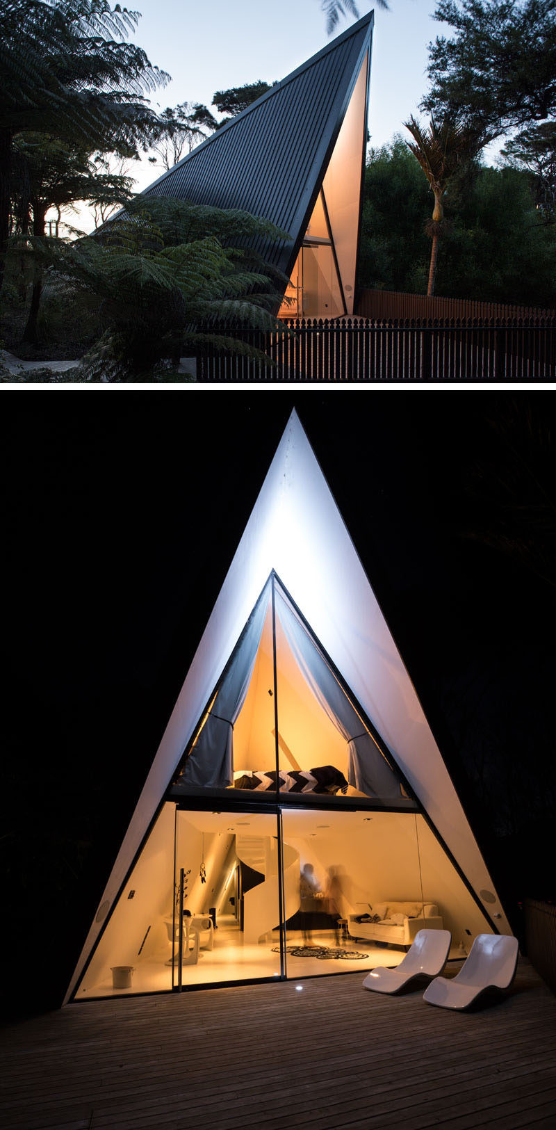 Architect Chris Tate has designed this simple tent-like cabin with a black exterior that's surrounded by trees and located on Waiheke Island, New Zealand.