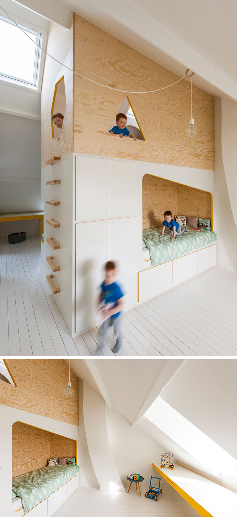 This modern kids bedroom features a custom designed wood bunk bed, each with their own desk and side of the room, and a lofted playroom.