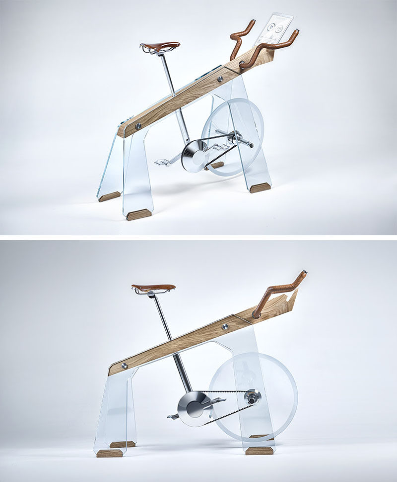 'Freeride' by Adriano Design, is a modern exercise bike that's been designed as an object to desire and show off, but at the same time, is practical and can be ridden. Built from glass, wood and steel, the exercise bike also has a tablet holder, so that the rider can watch bike routes from around the world while they work out.