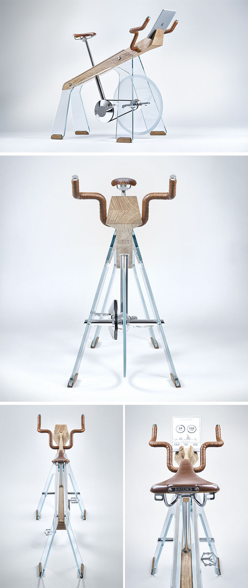 'Freeride' by Adriano Design, is a modern exercise bike that's been designed as an object to desire and show off, but at the same time, is practical and can be ridden. Built from glass, wood and steel, the exercise bike also has a tablet holder, so that the rider can watch bike routes from around the world while they work out.