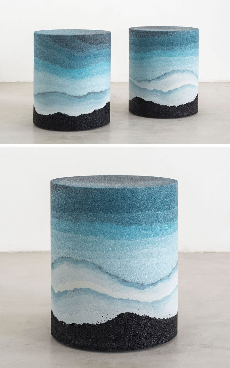 Designer Fernando Mastrangelo has created the Escape Collection, a group of modern furniture pieces, like this stool, that are made using hand-dyed sand and silica to create simple forms that look like a three-dimensional landscape painting.