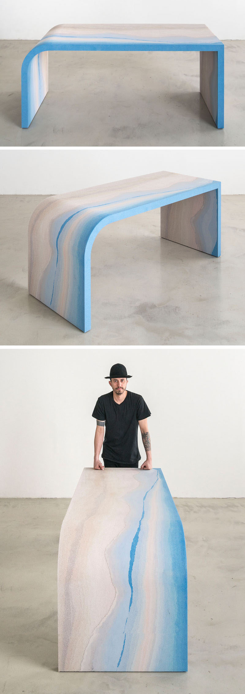 Designer Fernando Mastrangelo has created the Escape Collection, a group of modern furniture pieces, like this desk, that are made using hand-dyed sand and silica to create simple forms that look like a three-dimensional landscape painting.