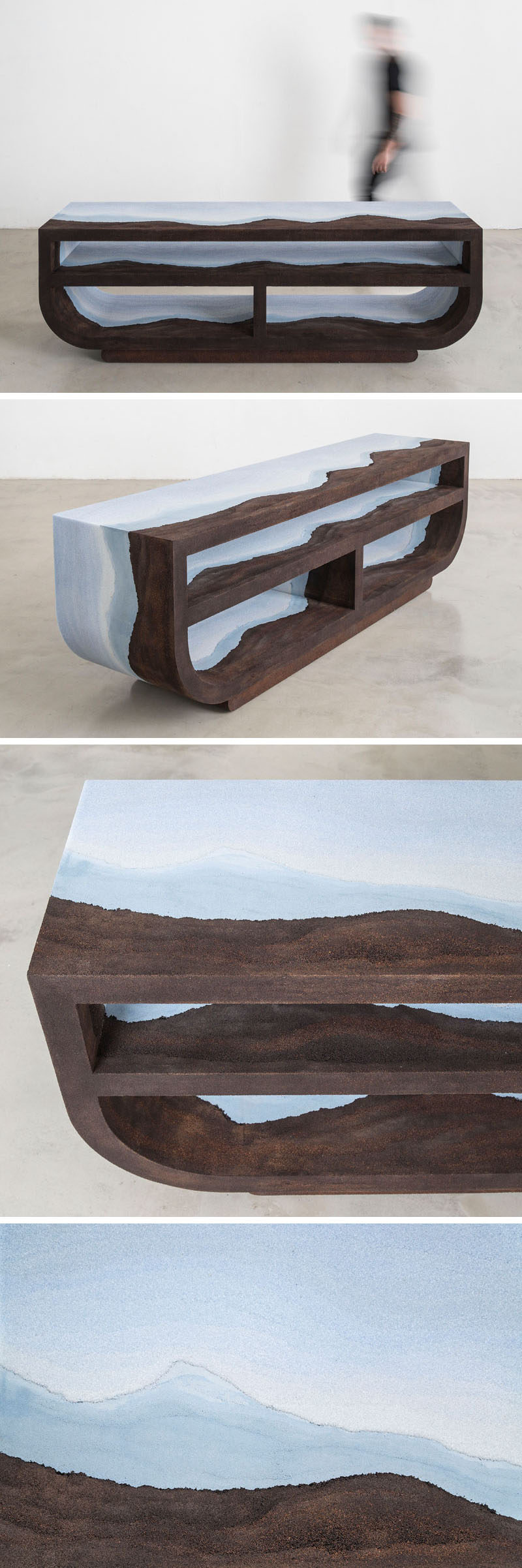 Designer Fernando Mastrangelo has created the Escape Collection, a group of modern furniture pieces, like this credenza, that are made using hand-dyed sand and silica to create simple forms that look like a three-dimensional landscape painting.