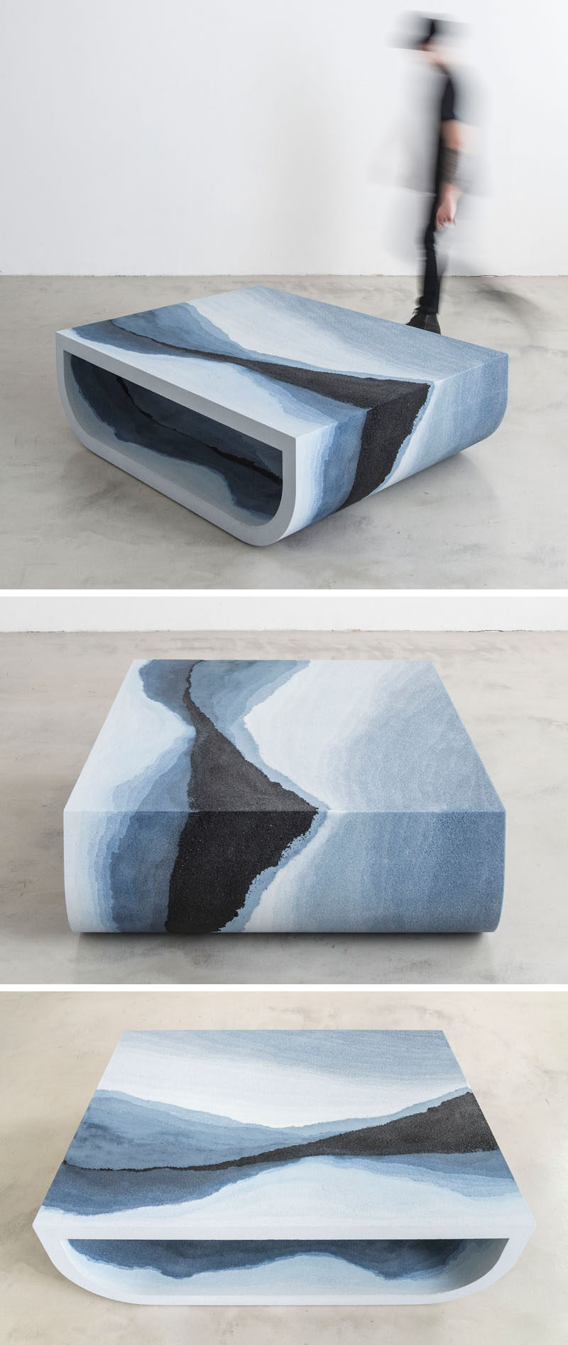 Designer Fernando Mastrangelo has created the Escape Collection, a group of modern furniture pieces, like this coffee table, that are made using hand-dyed sand and silica to create simple forms that look like a three-dimensional landscape painting.