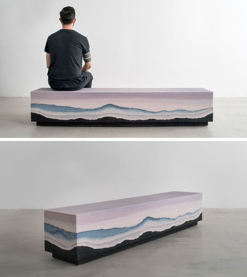 Designer Fernando Mastrangelo has created the Escape Collection, a group of modern furniture pieces, like this bench, that are made using hand-dyed sand and silica to create simple forms that look like a three-dimensional landscape painting.