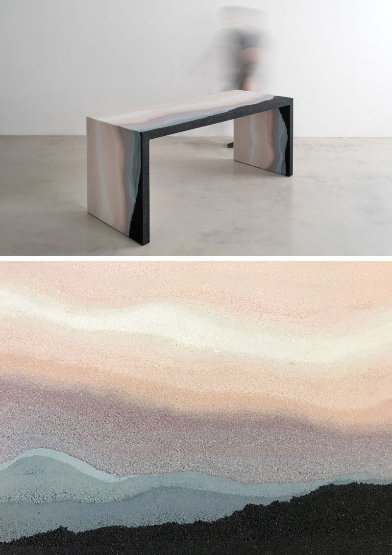 Designer Fernando Mastrangelo has created the Escape Collection, a group of modern furniture pieces, like this desk, that are made using hand-dyed sand and silica to create simple forms that look like a three-dimensional landscape painting.