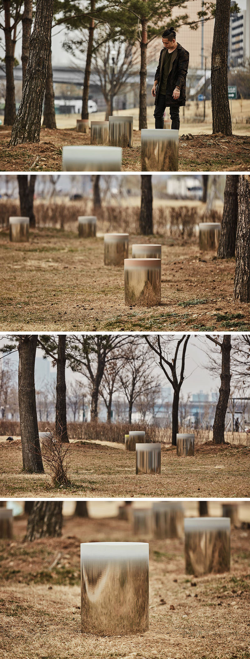 South Korean designer Jiyoun Kim has created the Dokkaebi Stools, a collection of 24 mirrored stainless steel stools with each a painted seat, that will grace the Hangang Art Park in Seoul.