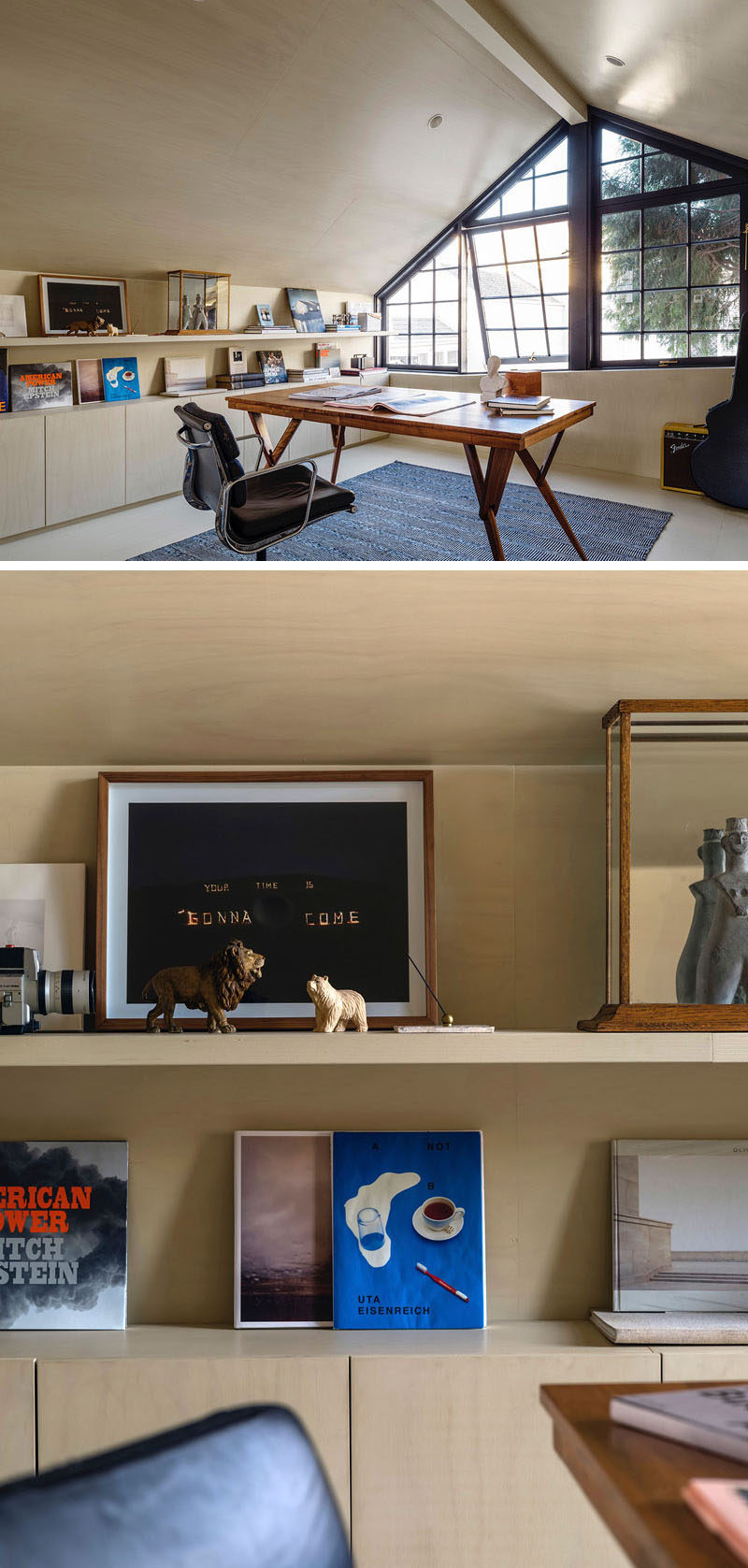 This modern home office that sits above a garage has walls lined in limed hoop pine boards with a matching bookshelf and flooring.