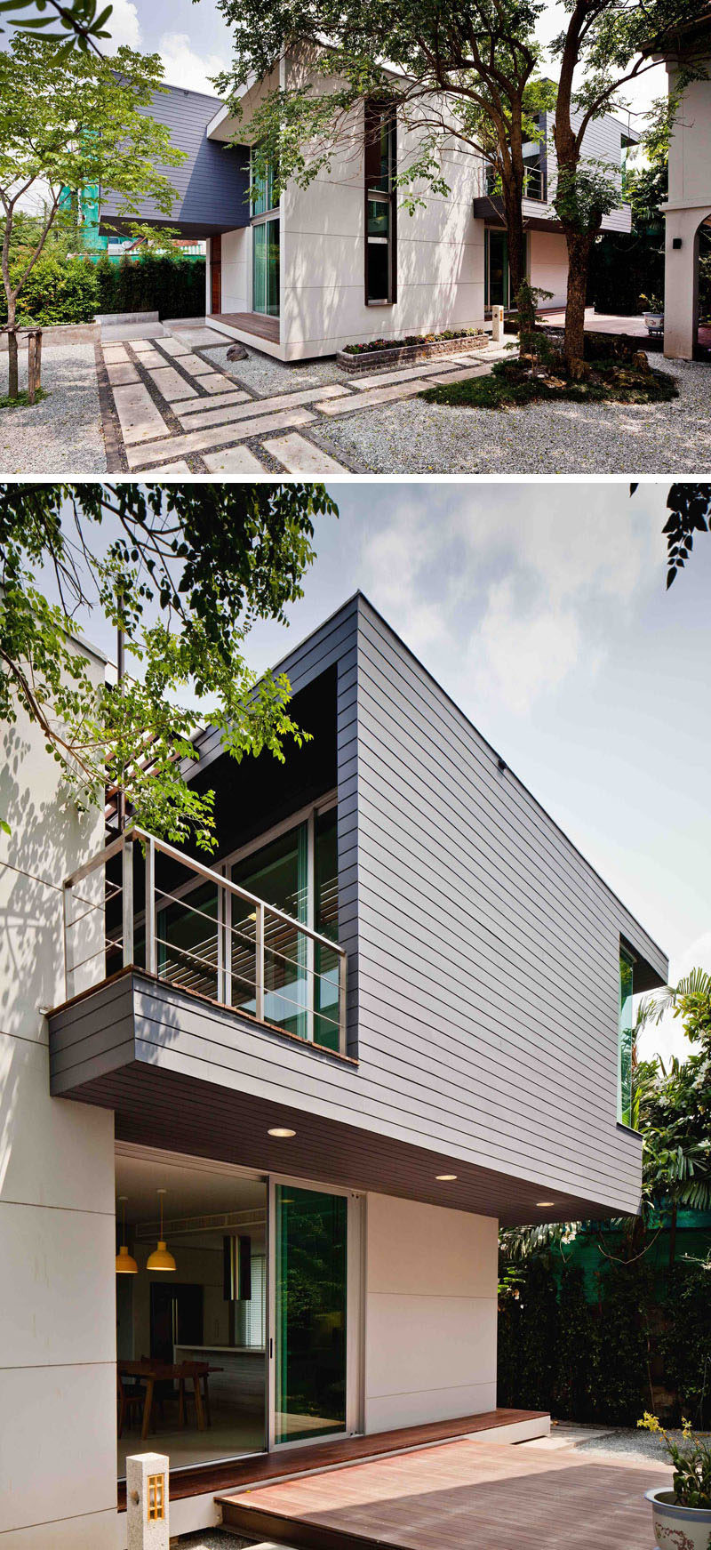 Lynk Architect have designed this two-storey house with a cantilevered bedroom in the outskirts of Bangkok, Thailand.