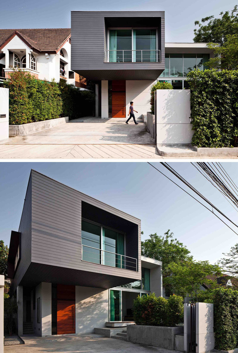 Lynk Architect have designed this two-storey modern house with a cantilevered bedroom, in the outskirts of Bangkok, Thailand, that sits beside an existing residence where the new owner’s parents live.