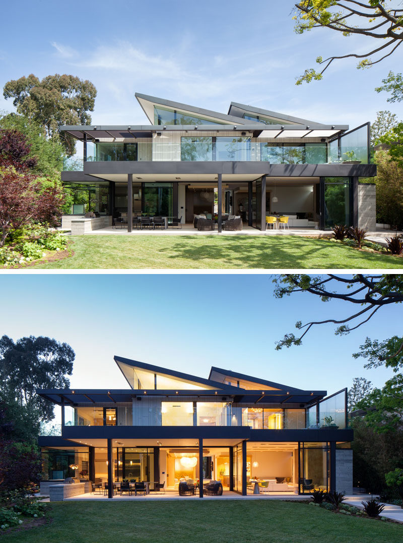 The lower floor of this modern house opens up to the backyard.