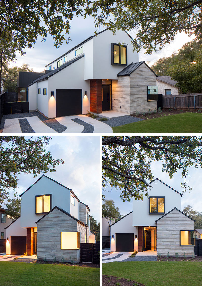 This modern house on a residential street in Austin, Texas, features an exterior of limestone, wood and stucco.