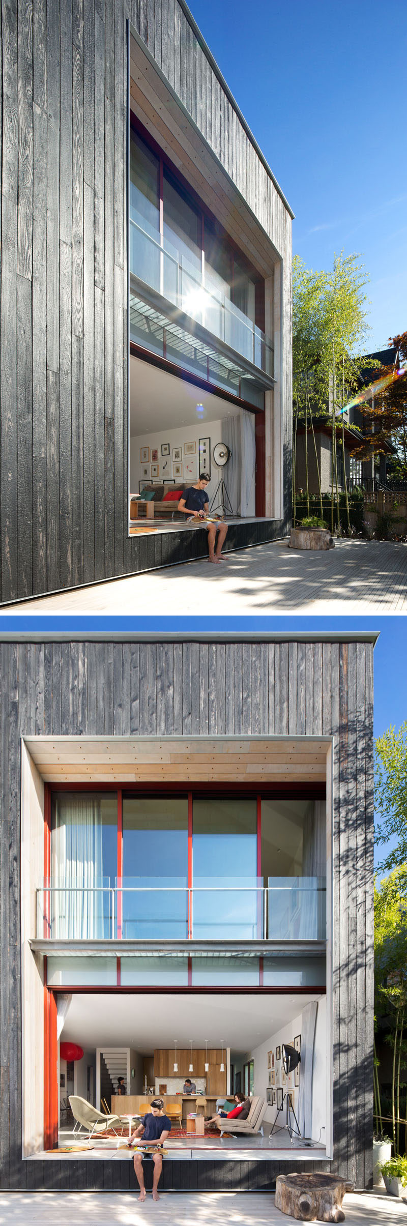 At the rear of this modern house, re-purposed white-washed boardform boards has been used as window surrounds and the soffit. Large sliding doors open the home to the backyard patio.