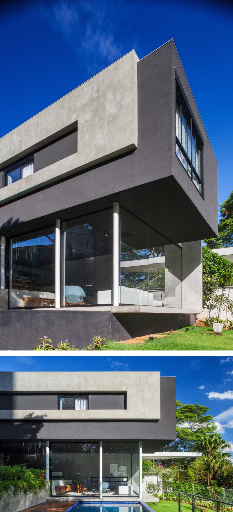 Large glass windows break up the concrete exterior of this modern house and help to support a cantilevered section of the the upper floor of the home. 