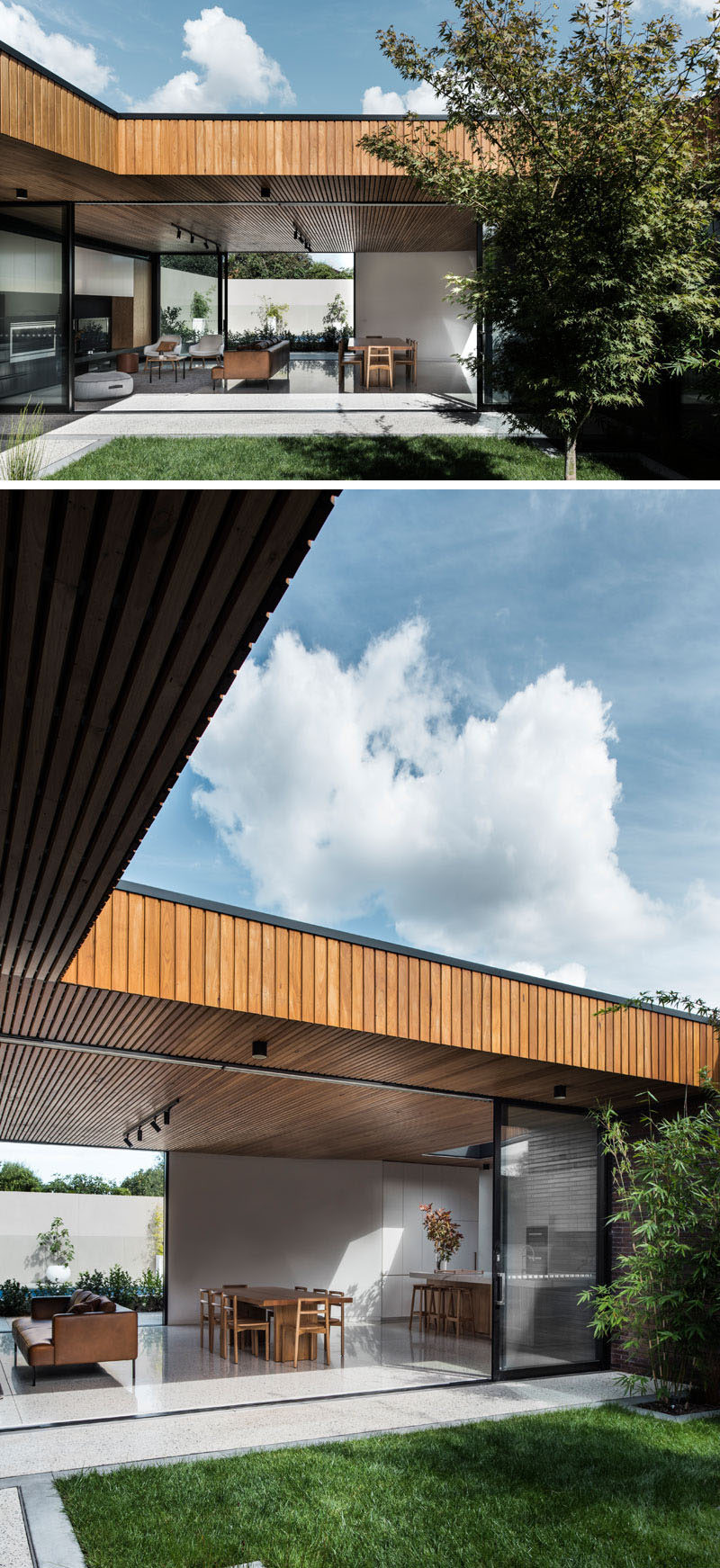 The interior of this modern house, opens up to a landscaped courtyard that sits in the middle of the home, making the house a true indoor/ outdoor living environment.