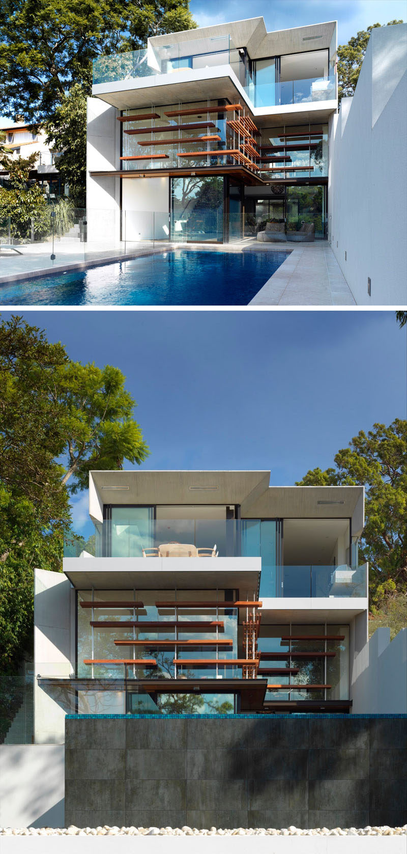 The outdoor area of this multi-level modern house, opens up to a waterfall edge pool with a glass safety fence that surrounds it.