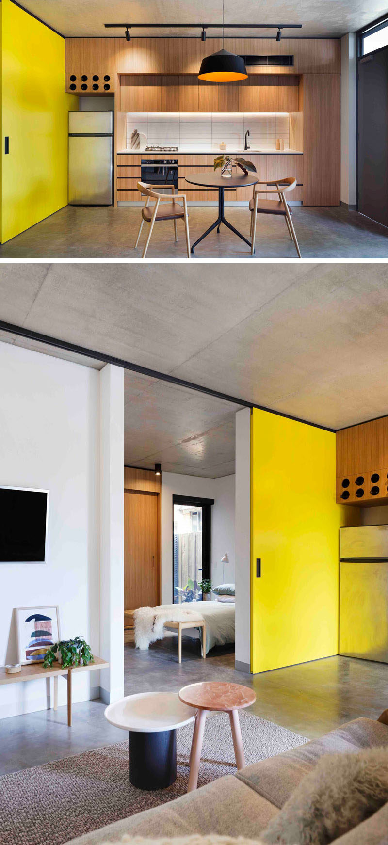A bright yellow door adds a pop of color to this apartment and slides open to reveal the bedroom.