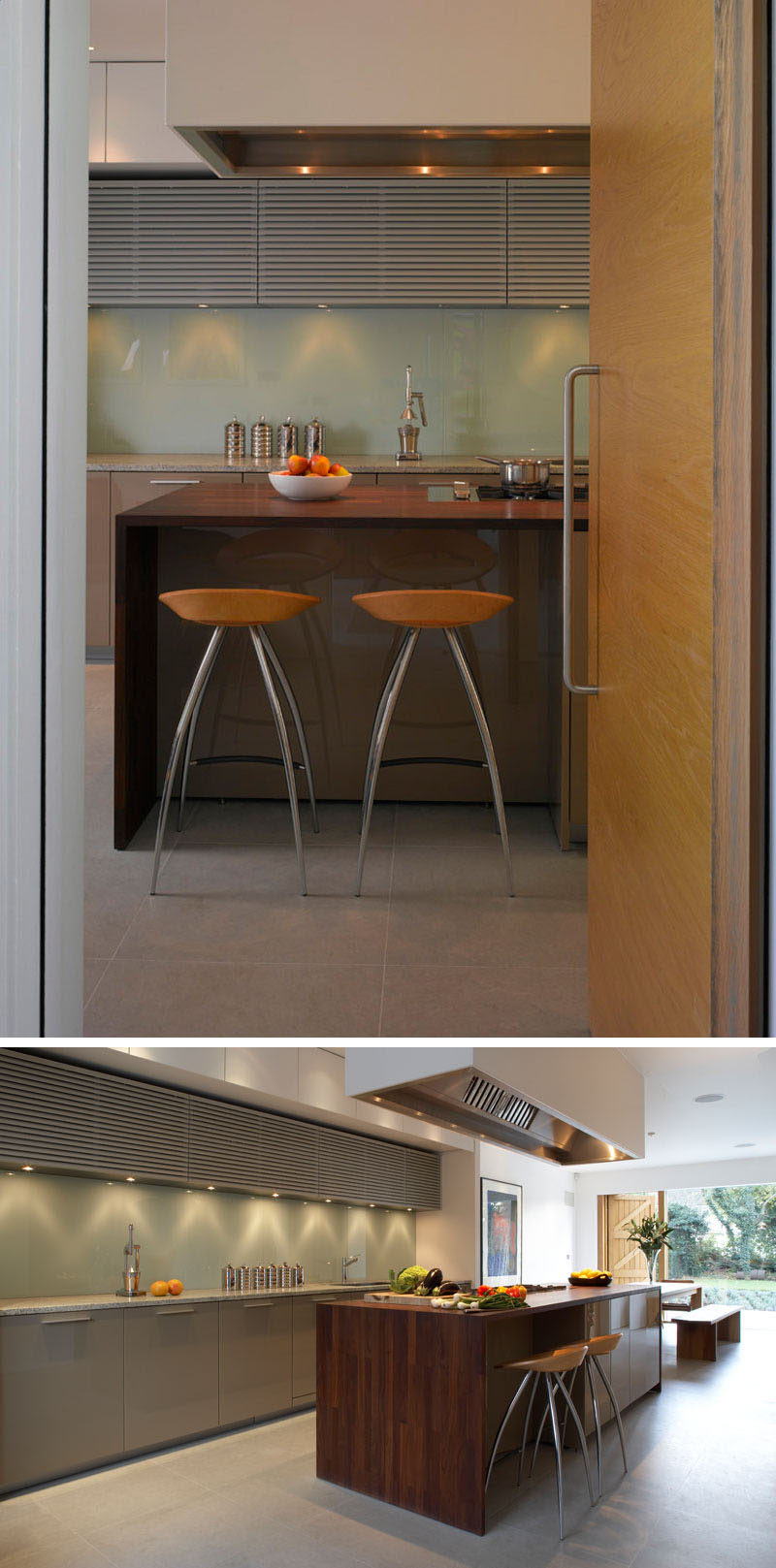 A large wood covered island is central to this modern kitchen, and provides a place for casual seating and additional storage.