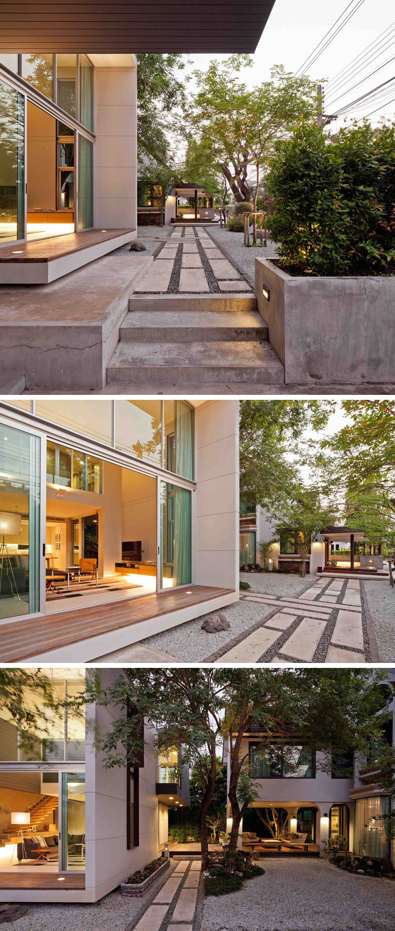 This modern house in Thailand has landscaped paths connecting different areas of the home.