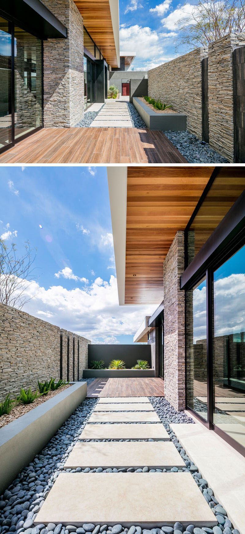 A simple path of pavers and pebbles that leads from the garage to the front door, is hidden behind a stone wall, and a raised planter adds a touch of nature.
