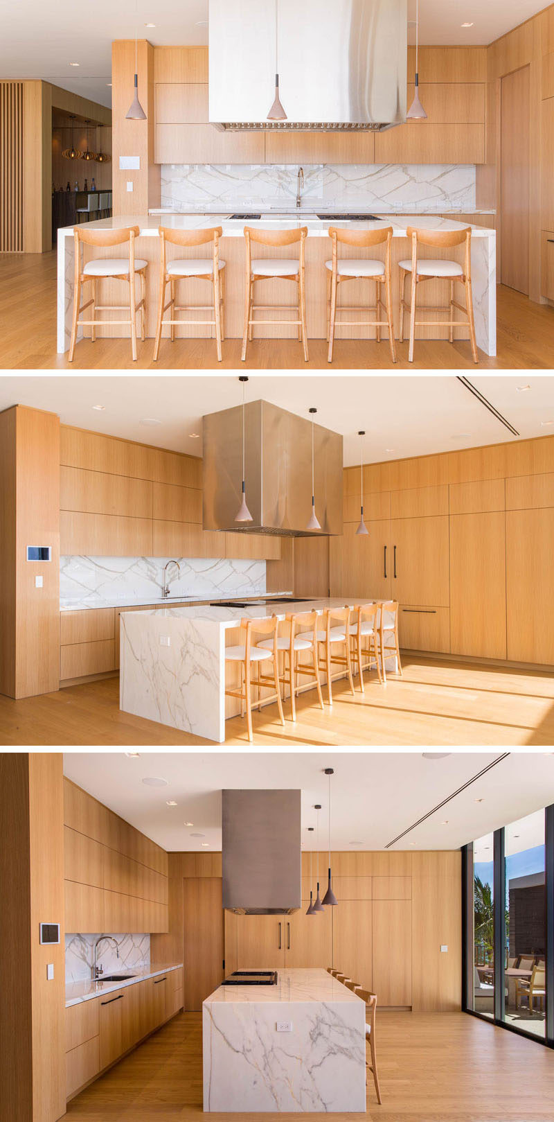 This modern kitchen is a combination of light wood cabinets and a marble backsplash, countertop and island. Three simple minimalist pendant lights hang above the island, that's large enough to seat five.