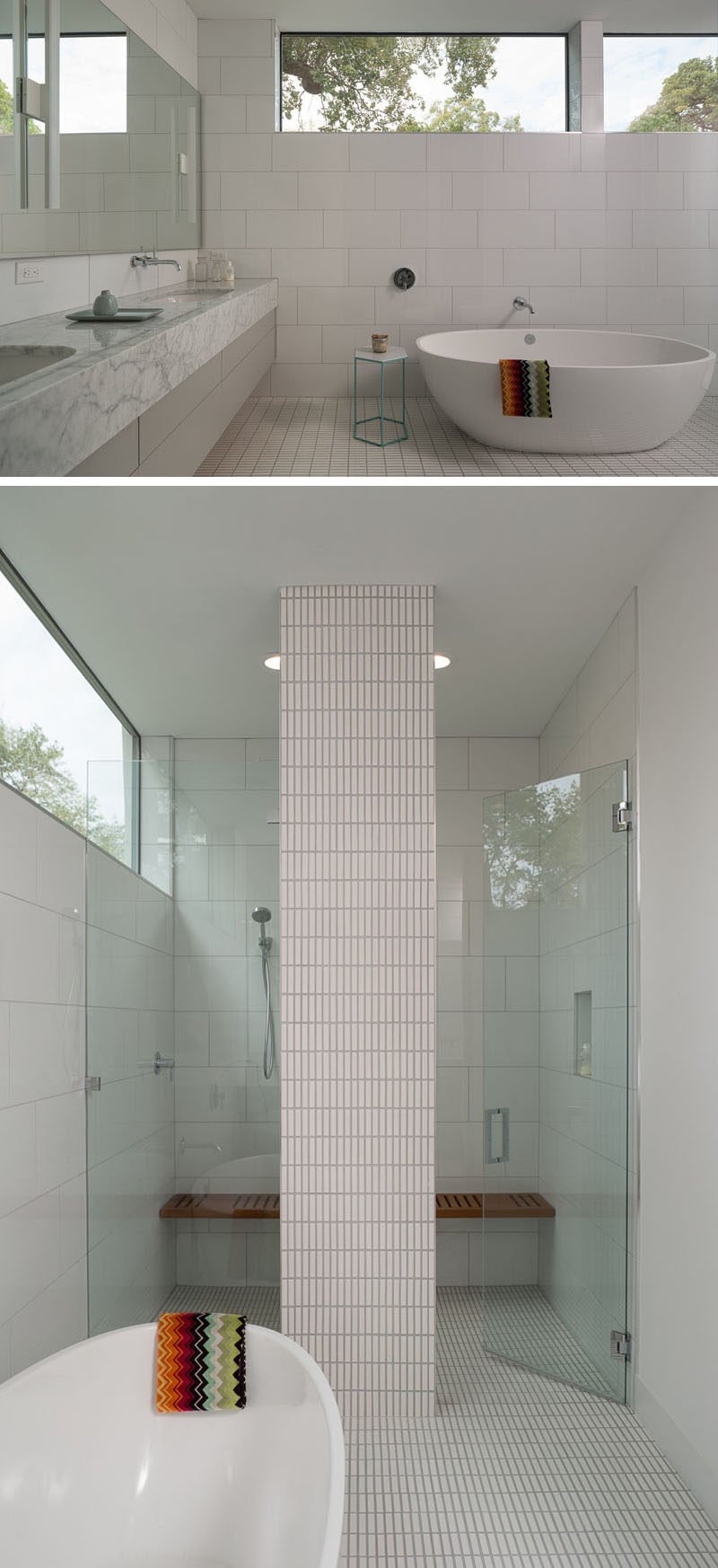 This modern master bathroom has large white tiles that cover the walls, while a standalone bathtub sits between the double-sink vanity and the large walk-in shower with glass surround.