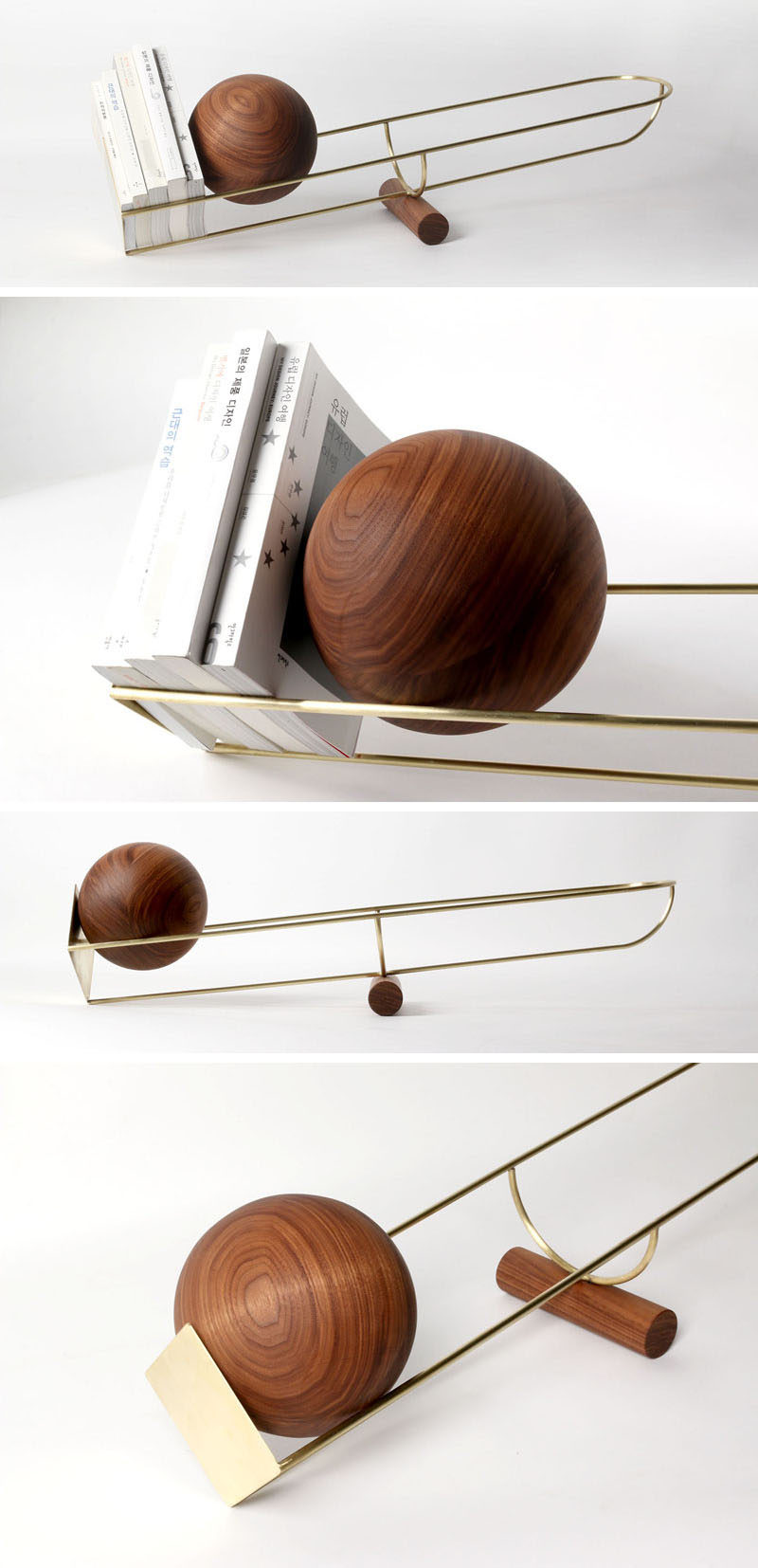 This simple and unique bookshelf is designed like a see-saw, with a wooden ball that rolls depending on where the weight on the shelf is.