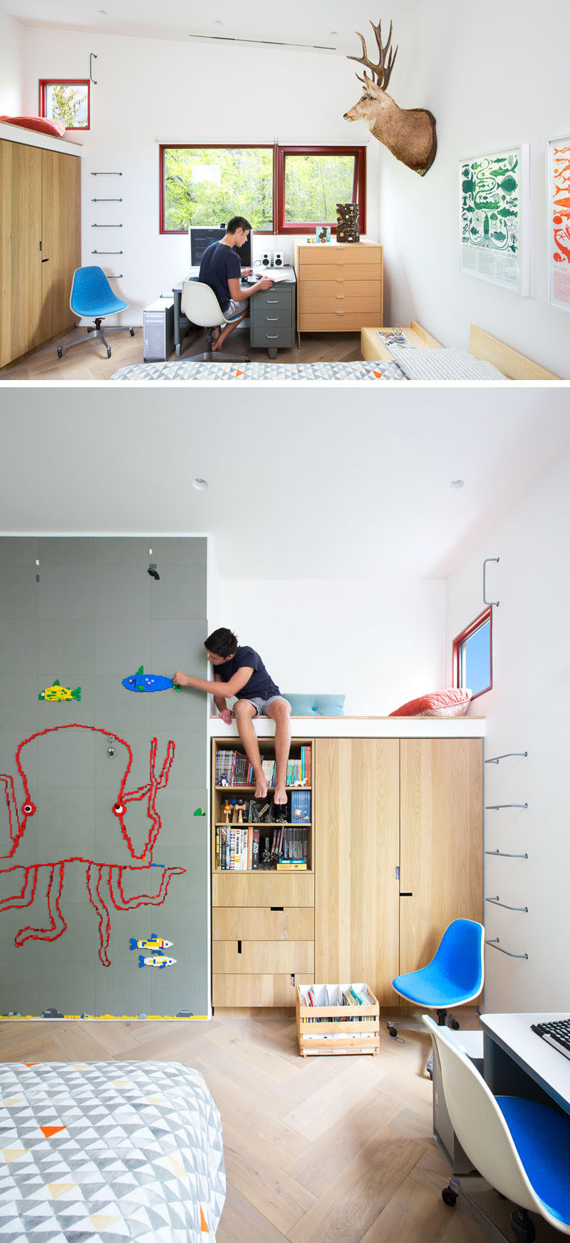 In this bedroom designed for a teenager, there's a lofted reading nook above a closet.