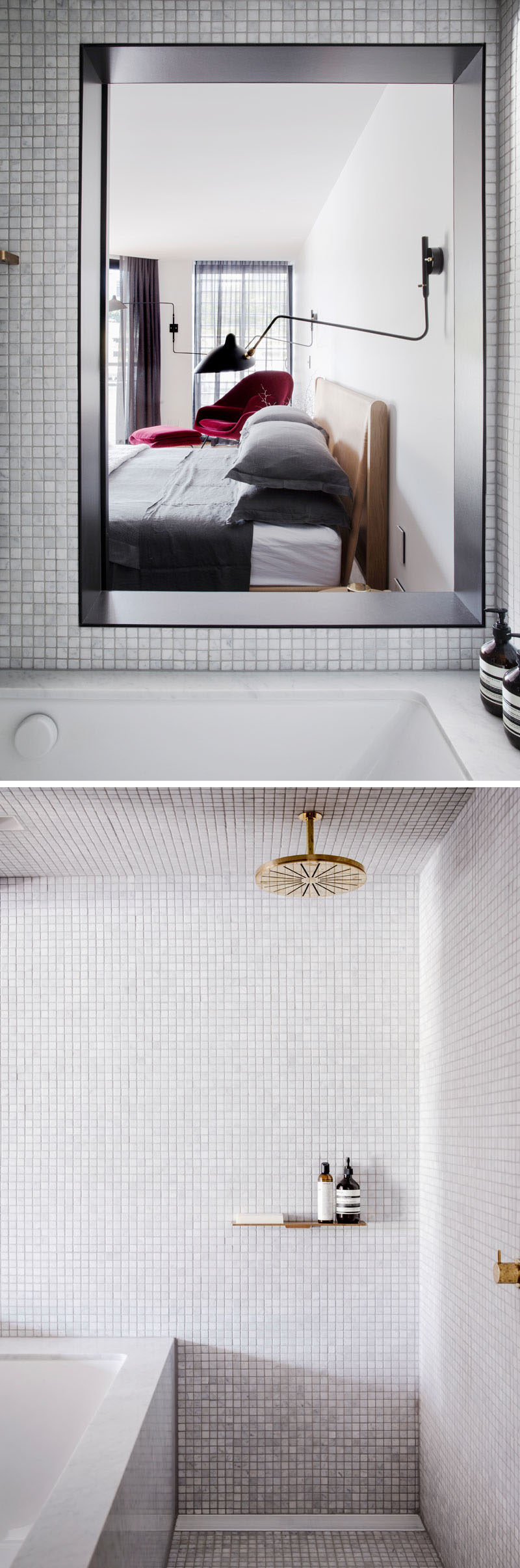 This modern bathroom has a partially open wall next to the bath to allow natural light from the bedroom to fill the space. Light grey tiles and gold hardware have been used to keep the space bright.