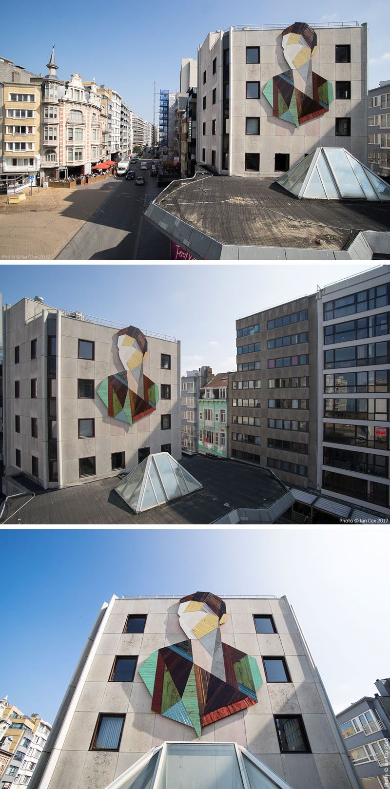 Artist Stefaan De Crook (also known as Strook), has created a large recycled wood mural on the side of a building in Ostend, a coastal city in Belgium.