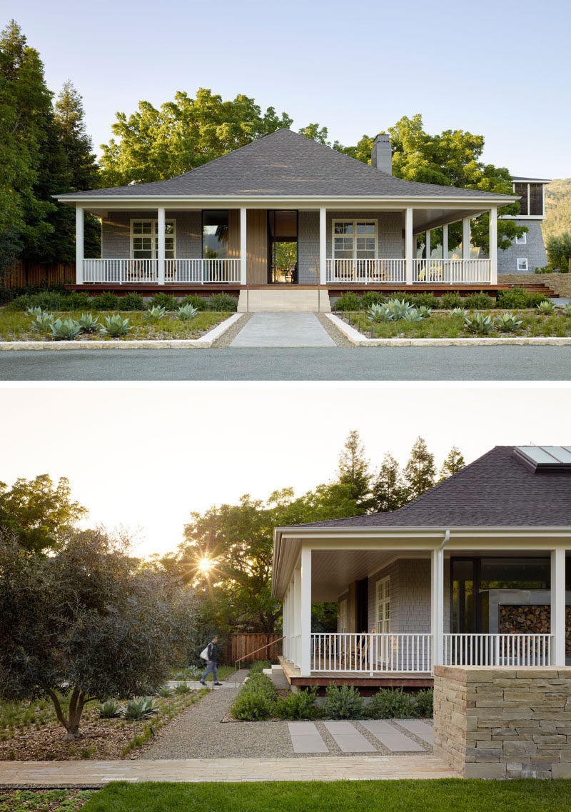 A dated and dark farmhouse was turned it into a bright and airy modern home with light grey wood shingles and minimized columns.