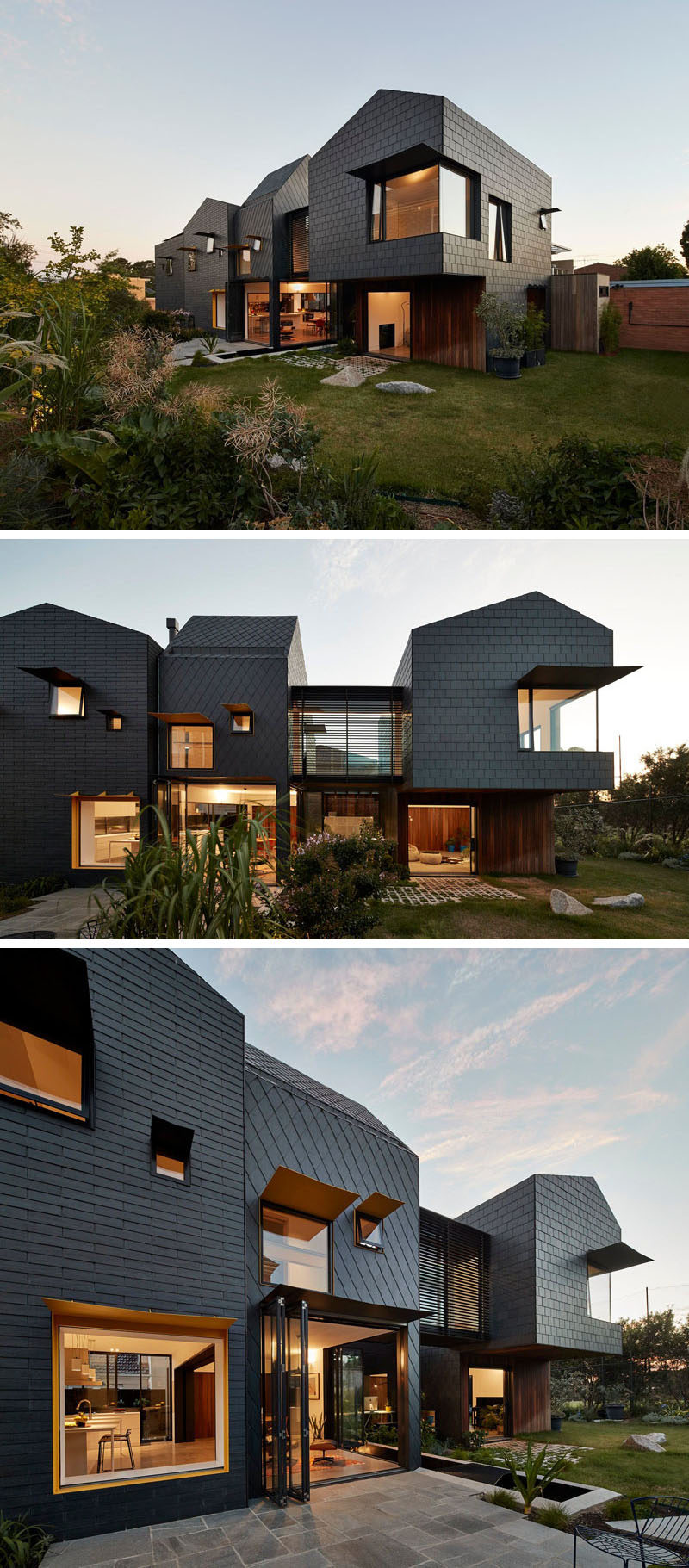 Dark grey slate tiles covers this modern home and from this angle, you can see how the patterns of the tile installation change depending on the section of the house.