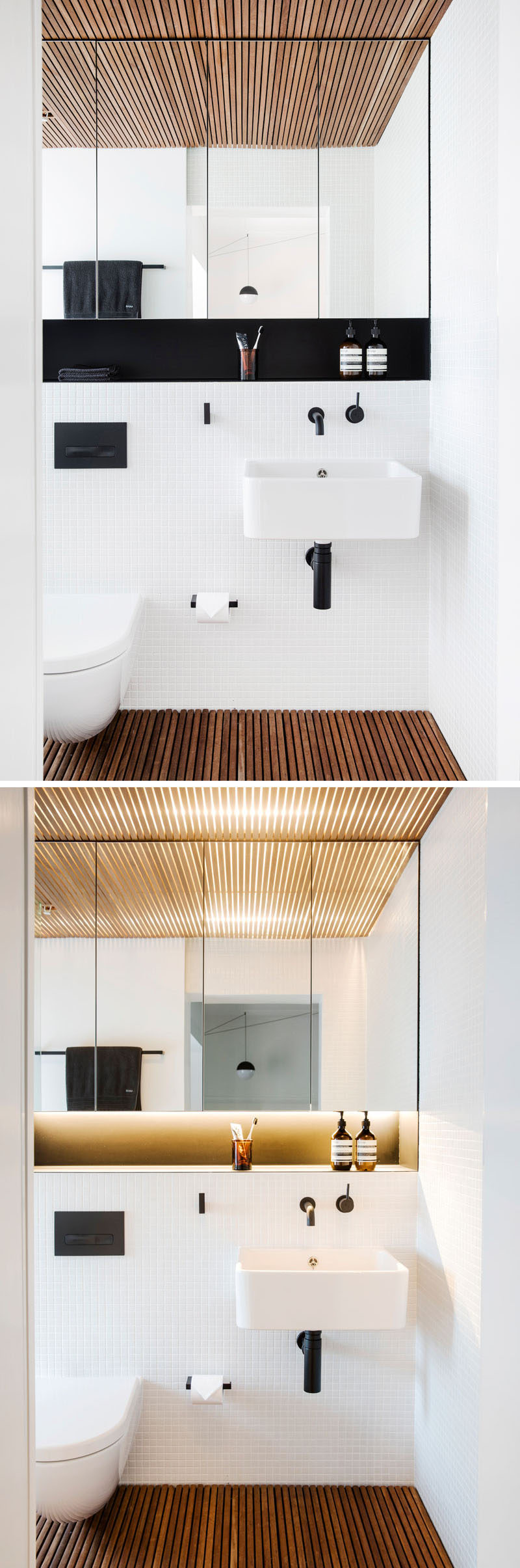 This modern bathroom features a timber slat floor and ceiling to introduces texture and tactility, while the white tiles and large mirror help to brighten the space.